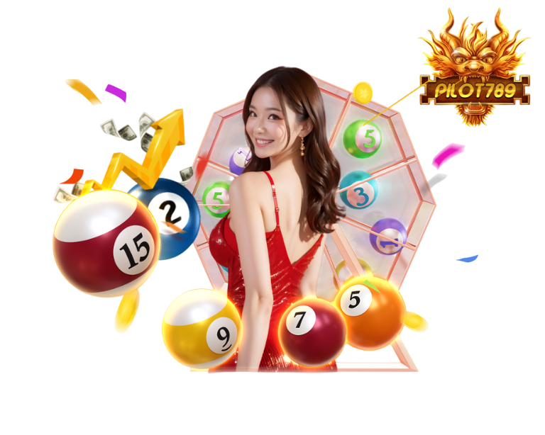 หญิงสาวชุดแดงโปรโมต PILOT789 ยืนหน้าวงล้อเกมและลูกบอลตัวเลข รายล้อมด้วยกราฟพุ่ง เงิน และเอฟเฟกต์ทอง สื่อถึงเว็บสล็อตแจกหนักฟอร์มแรง